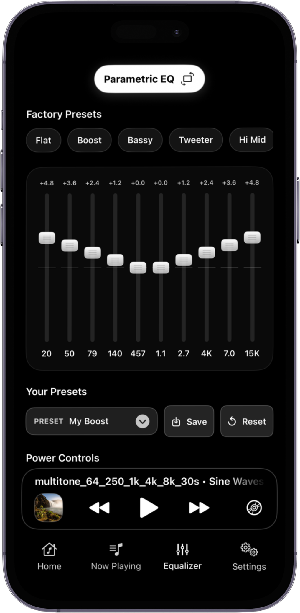 Framed MPX Pro 10-band EQ interface on a black iPhone 16, showing detailed fixed-band control across 20 Hz to 20 kHz.