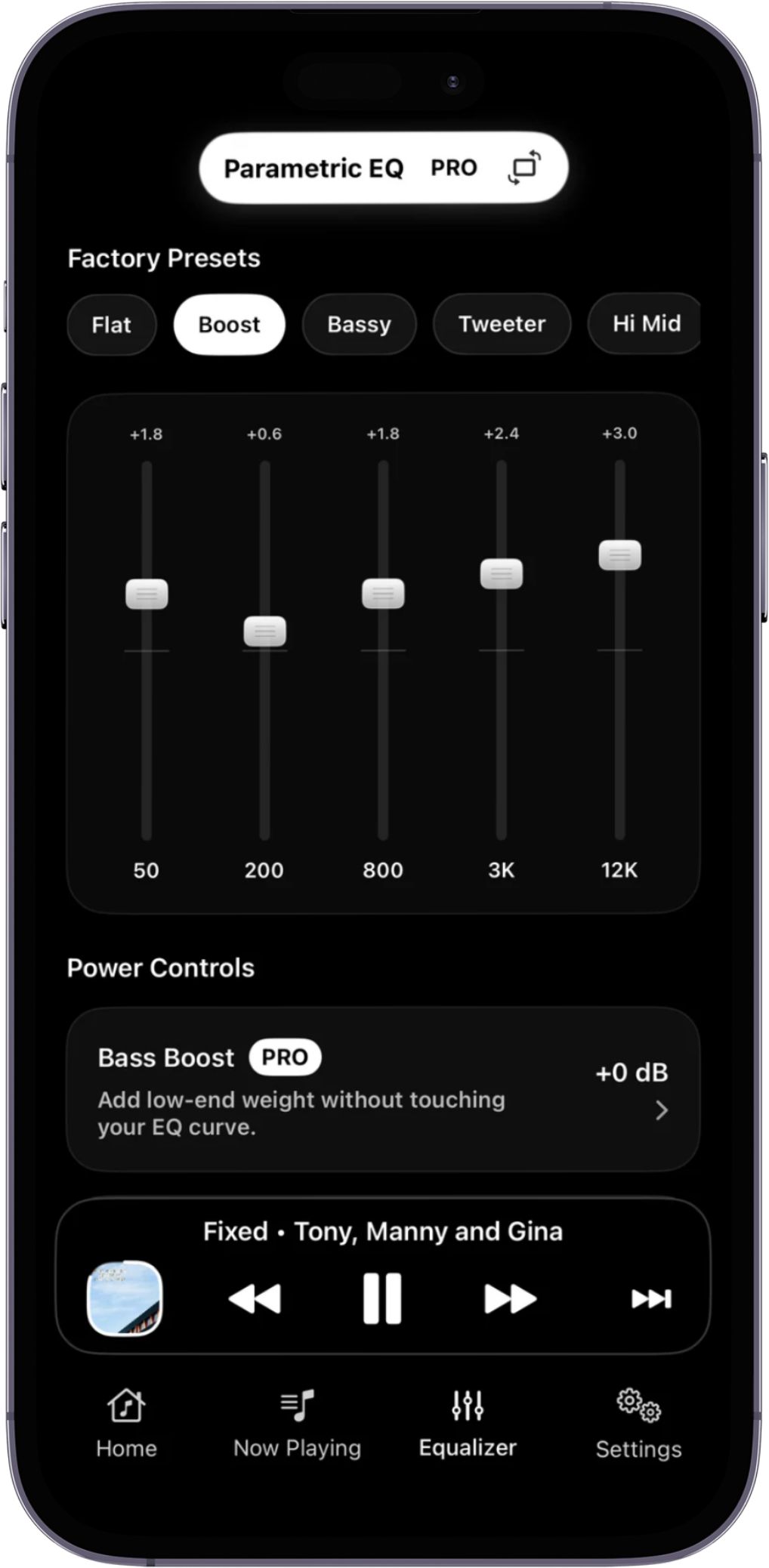 MPX free 5-band equalizer with controls at 50 Hz, 200 Hz, 800 Hz, 3 kHz, and 12 kHz.