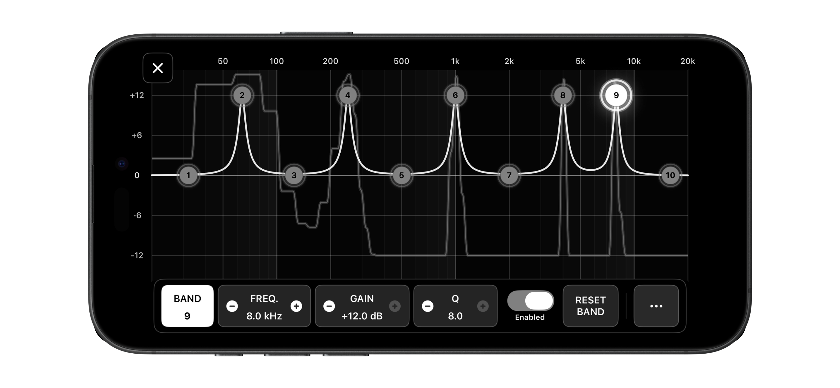 Parametric EQ view showing a narrow boost applied to the same underlying MPX EQ bands.