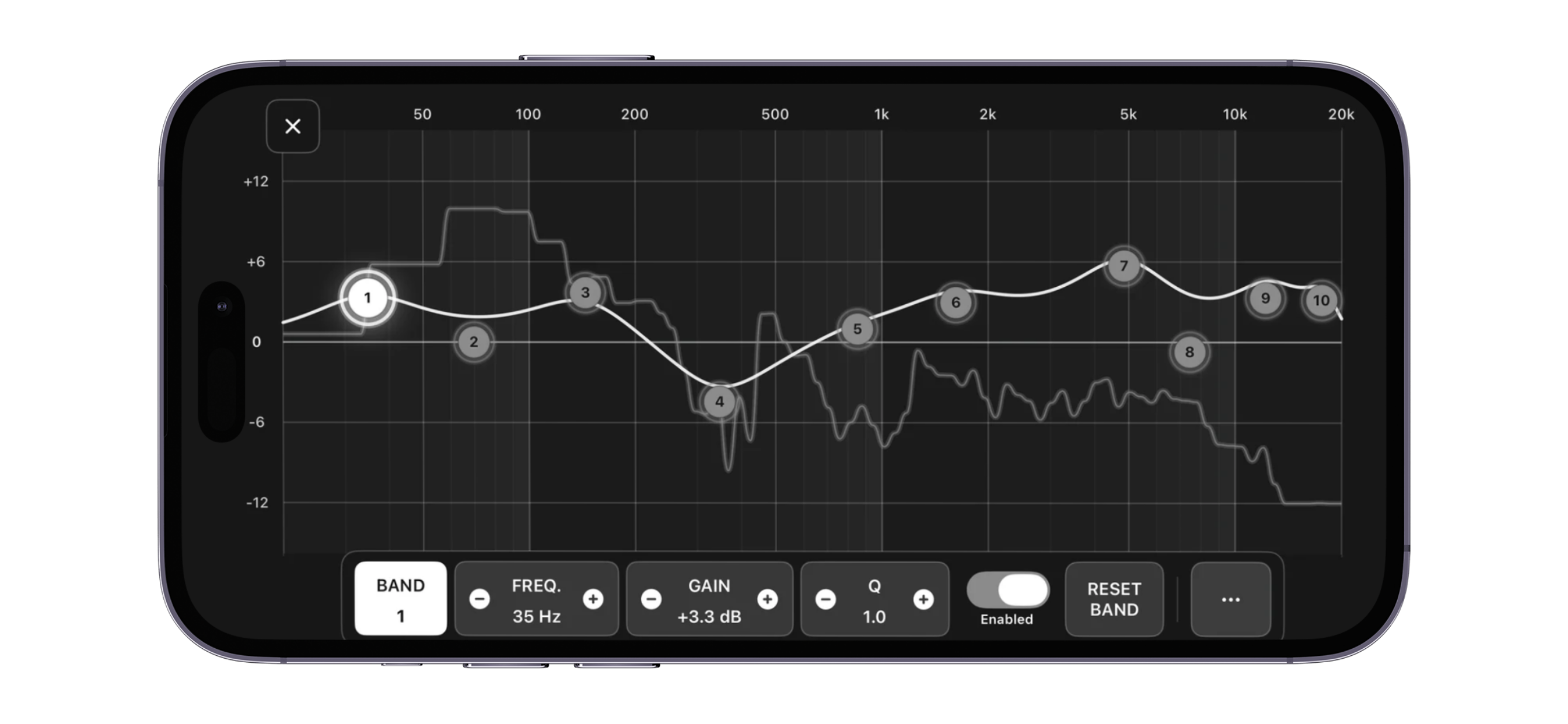 MPX Parametric EQ with a response curve and frequency, gain, and Q controls.