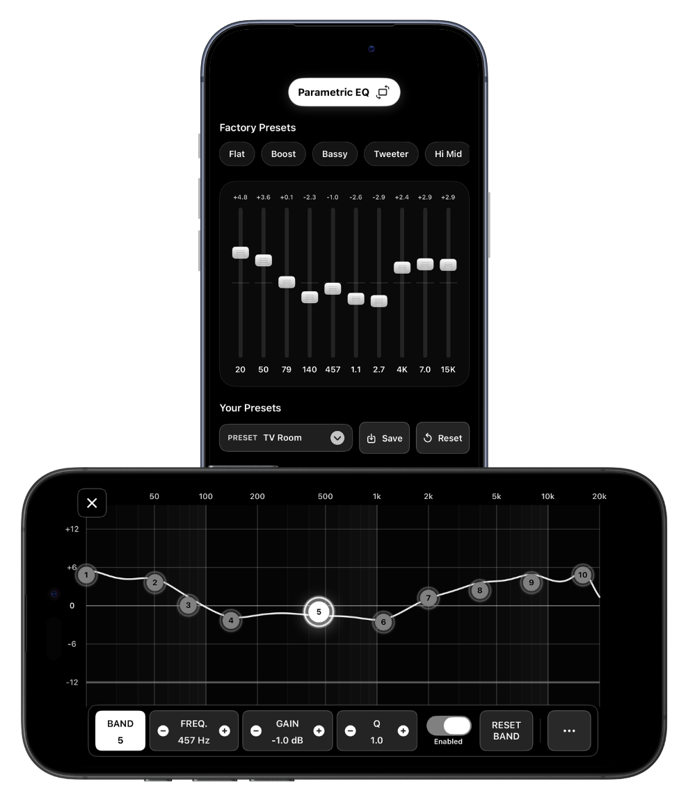 MPX hero artwork showing portrait and landscape iPhone playback screens with equalizer-focused app views.